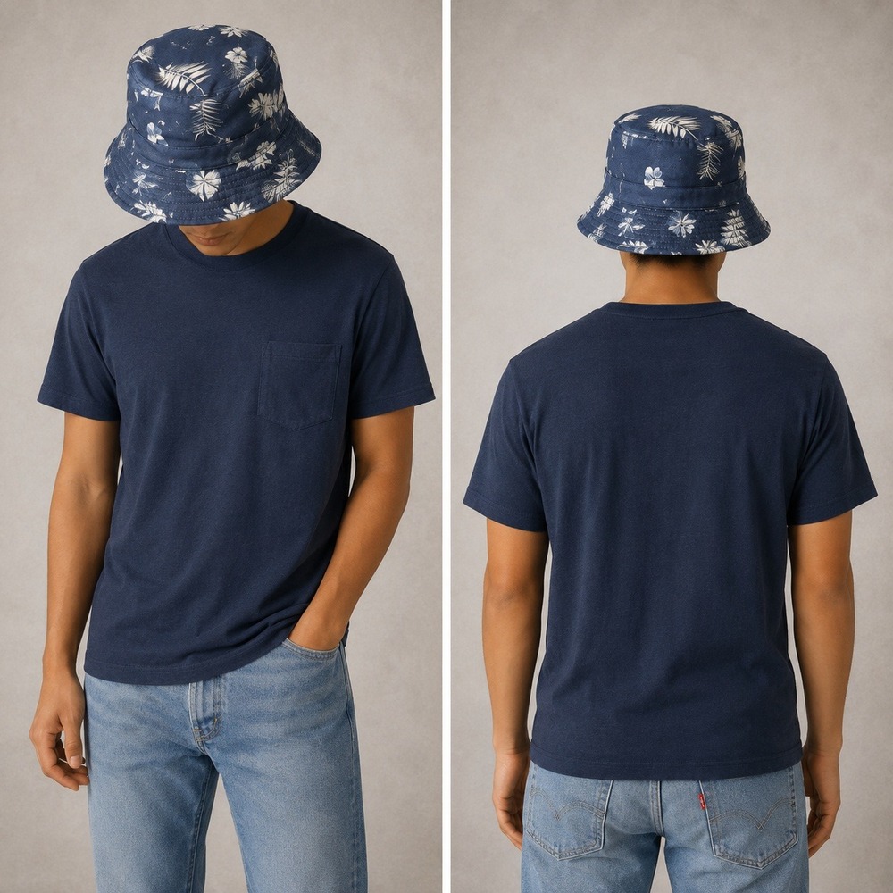 Abound Bucket Hat Blue Denim Leaf Print One Size ABD16974 Casual Sun Hat